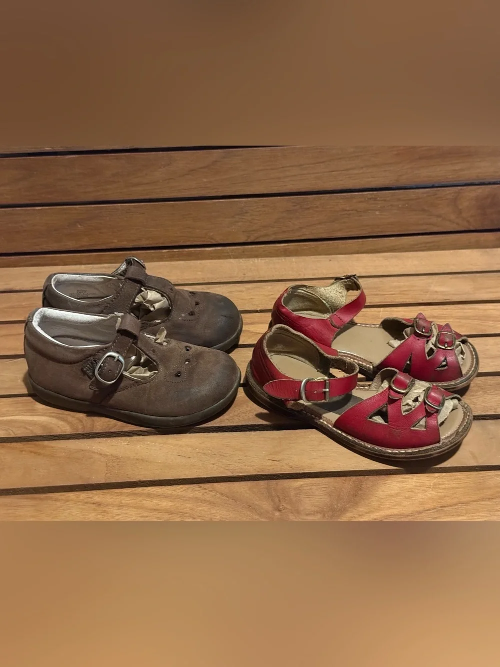 Kids Red Leather Sandals and Brown Mary Jane Shoes